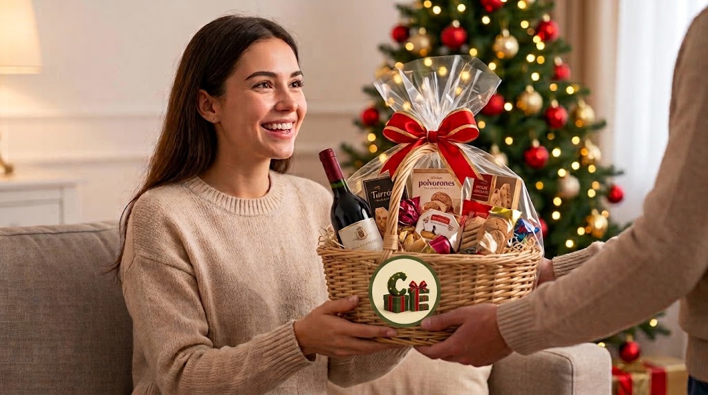 Mujer sonriendo al recibir una cesta de regalo de Navidad